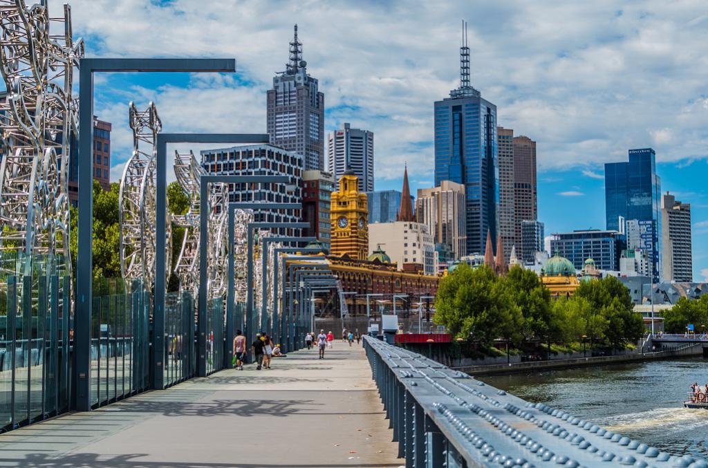Image showing walkway along waterfront and city skyline
