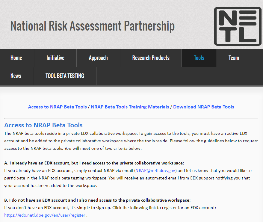 Image of NRAP Tools Webpage